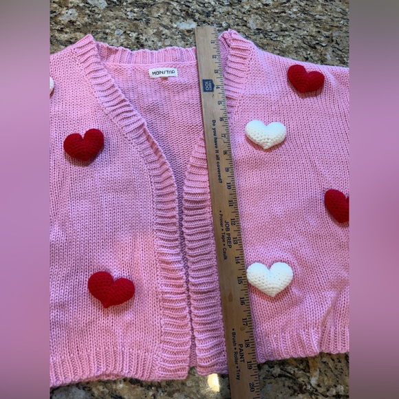 Main strip women’s Pink 3D red white Heart cropped Knit Cardigan side large - Picture 5 of 6